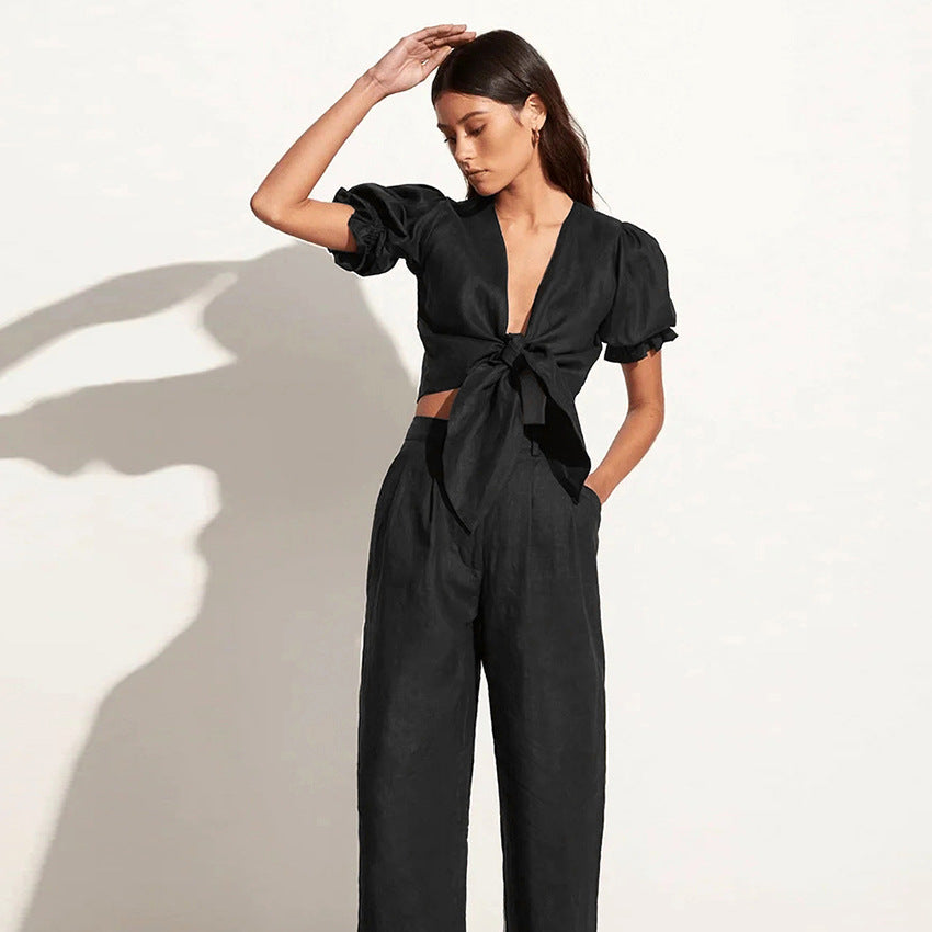 New Cotton And Linen Bubble Sleeve V-Neck Slim Short Sleeve Top And Pants Summer Fashion Women's Two-Piece Set