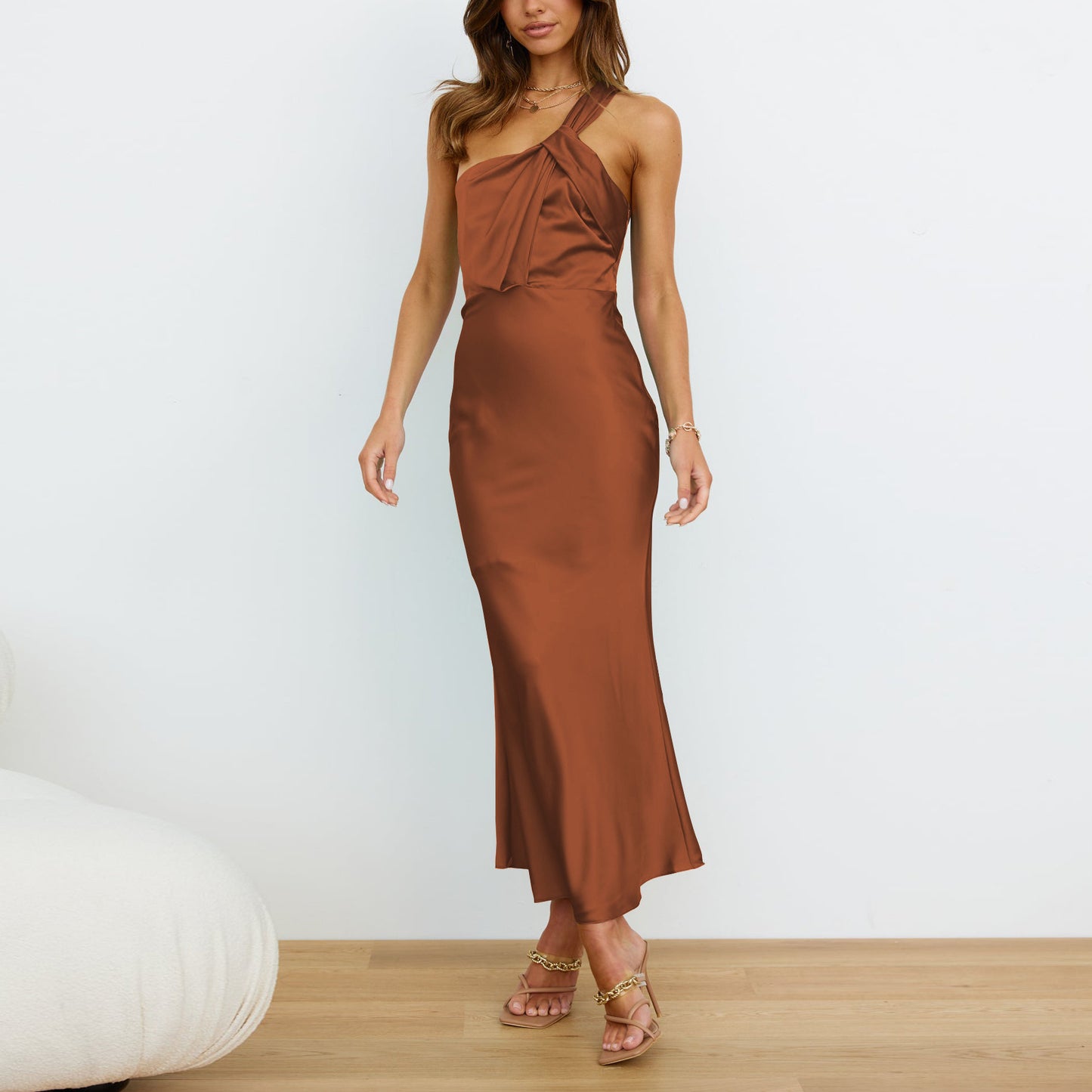 New Acetic Women's Elegant One-Shoulder Satin Toasting Dress Bridesmaid Dress Slim Dress