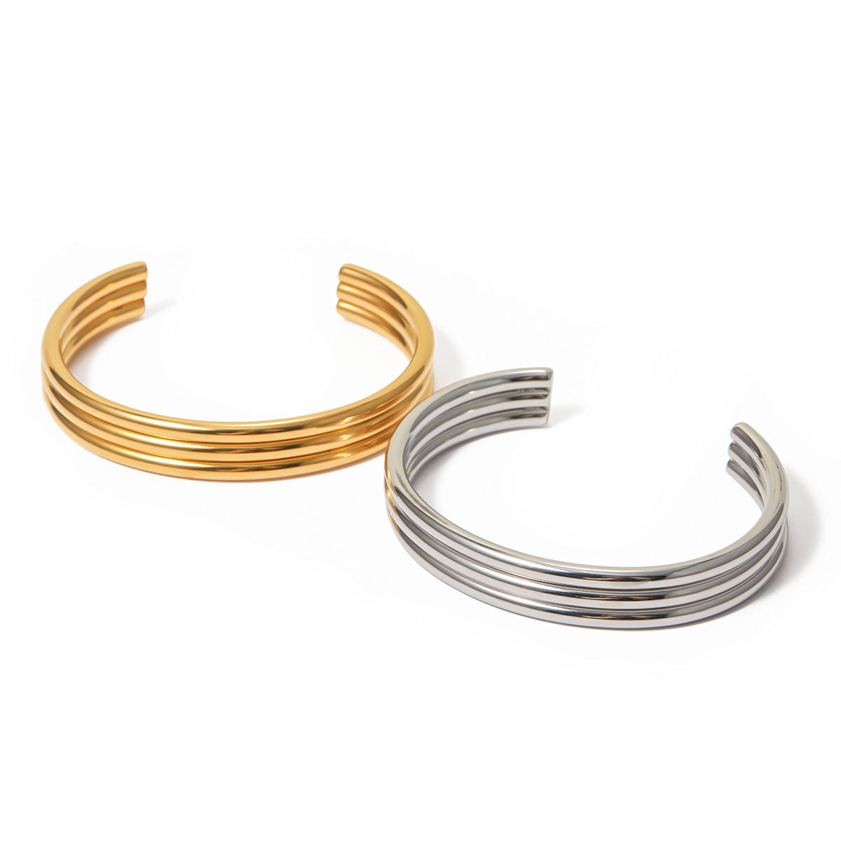 5pcs Light Luxury Titanium Steel 18K Gold Three-Layer Ribbed Open Bracelet Fashion Accessories