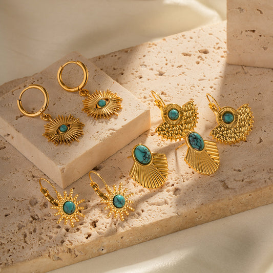 5pcs Green Series Of Niche Titanium Steel Earrings Retro Style High-Grade Non-Fading Turquoise Earrings