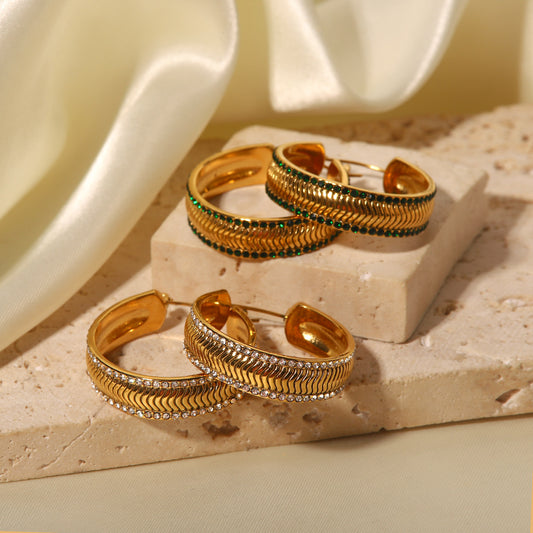 5pcs Temperament Light Luxury Niche Earrings 18K Gold Plated C-Shaped Corrugated White Zircon Double Inset Geometric Earrings