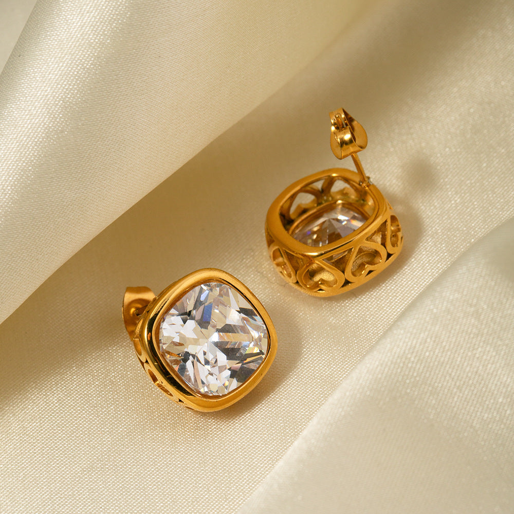5pcs Fashion 18K Gold Stainless Steel Zircon Square Hollow Inlaid Zircon Earrings Pendant Necklace Jewelry