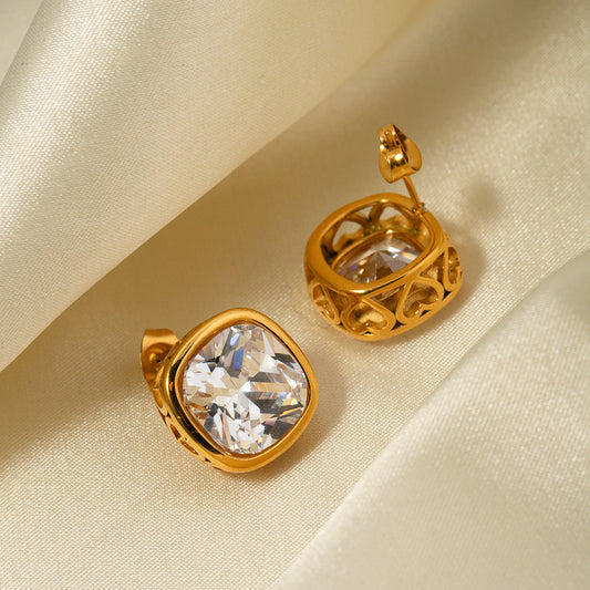 5pcs Fashion 18K Gold Stainless Steel Zircon Square Hollow Inlaid Zircon Earrings Pendant Necklace Jewelry
