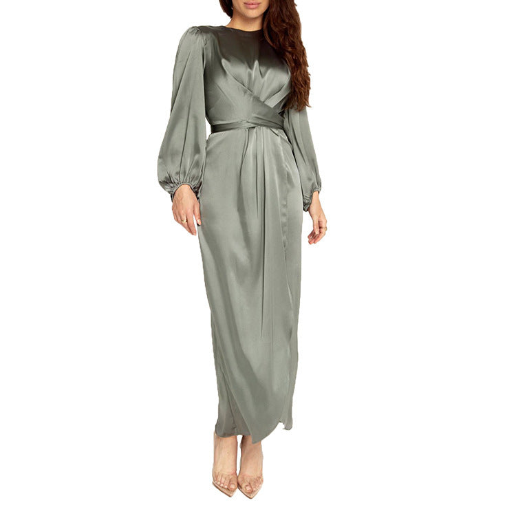 New Soft Waist Dress Temperament Commuter Fashion New Elegant Style Solid Color Long Sleeve Satin Long Dress