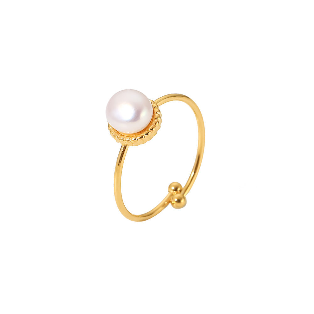 5pcs Stylish Matching Ring 18K Gold Stainless Steel Adjustable Light Pearl Bread Bead Fine Ring