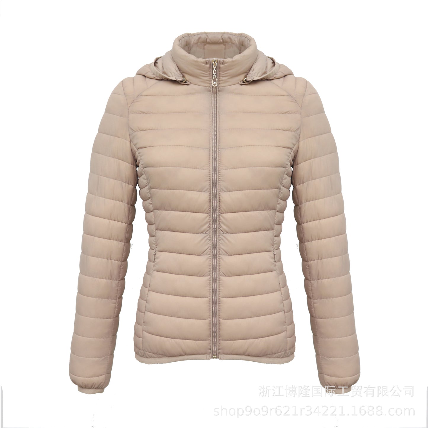 Women's Autumn And Winter Zipper Temperament Commuter Boutique Short With Hat Can Be Detachable Solid Color Stand Collar Light Cotton Jacket