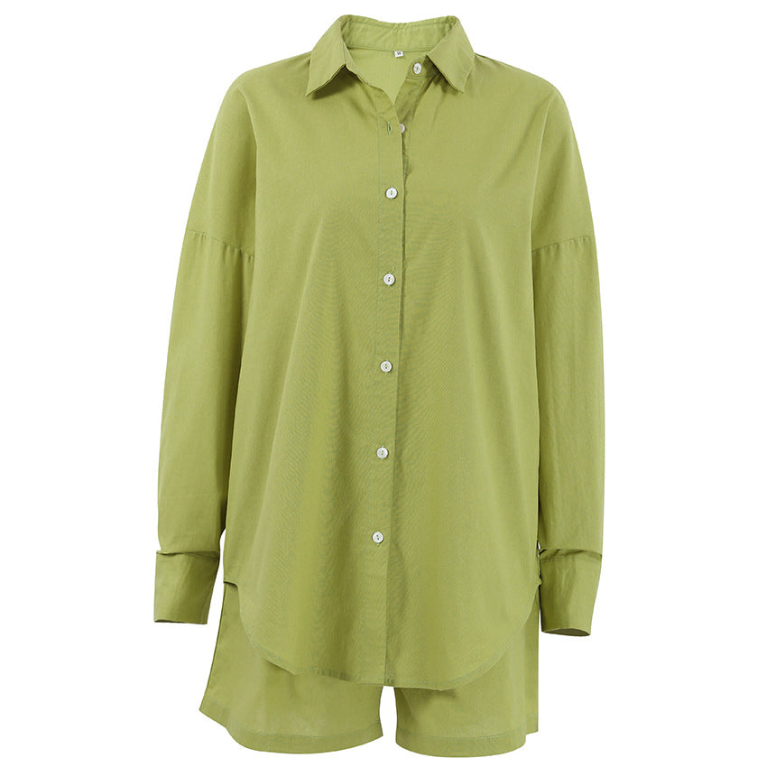 Spring And Summer Cotton And Linen Green Leisure Vacation Set New Shirt Shorts Two-Piece Women's Wear