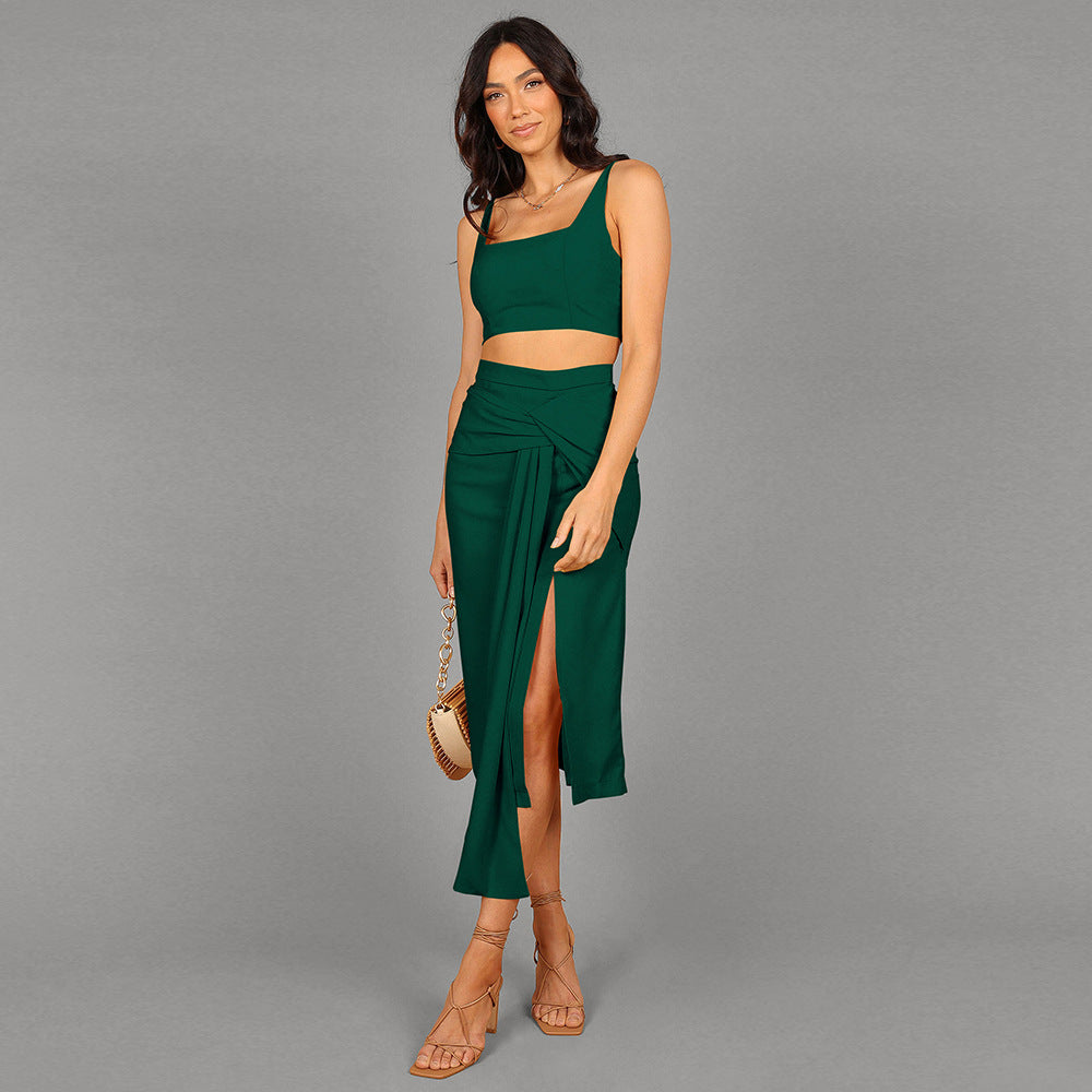 Elegant Two-Piece Solid Color Halter Top Sexy Split Skirt Fashion Suit For Women