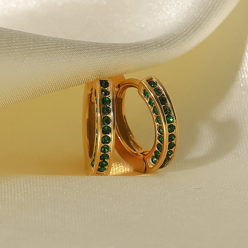 5pcs New Fashion Women's Earrings Stainless Steel 18K Gold Plated Mini Green Zircon Ring Earrings