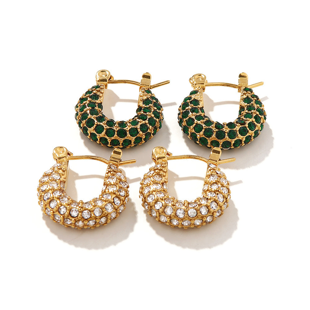 5pcs New Fashion Earrings 18K Gold Plated Stainless Steel Inlaid Green/White Square Zircon Ring Earrings
