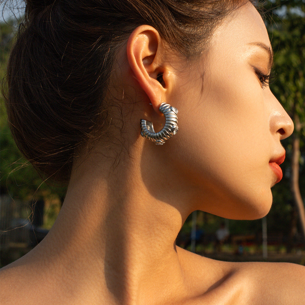 5pcs 8K Gold Stainless Steel Zircon Inlaid White Zircon Bread C-Shaped Earrings Temperament Earrings For Women