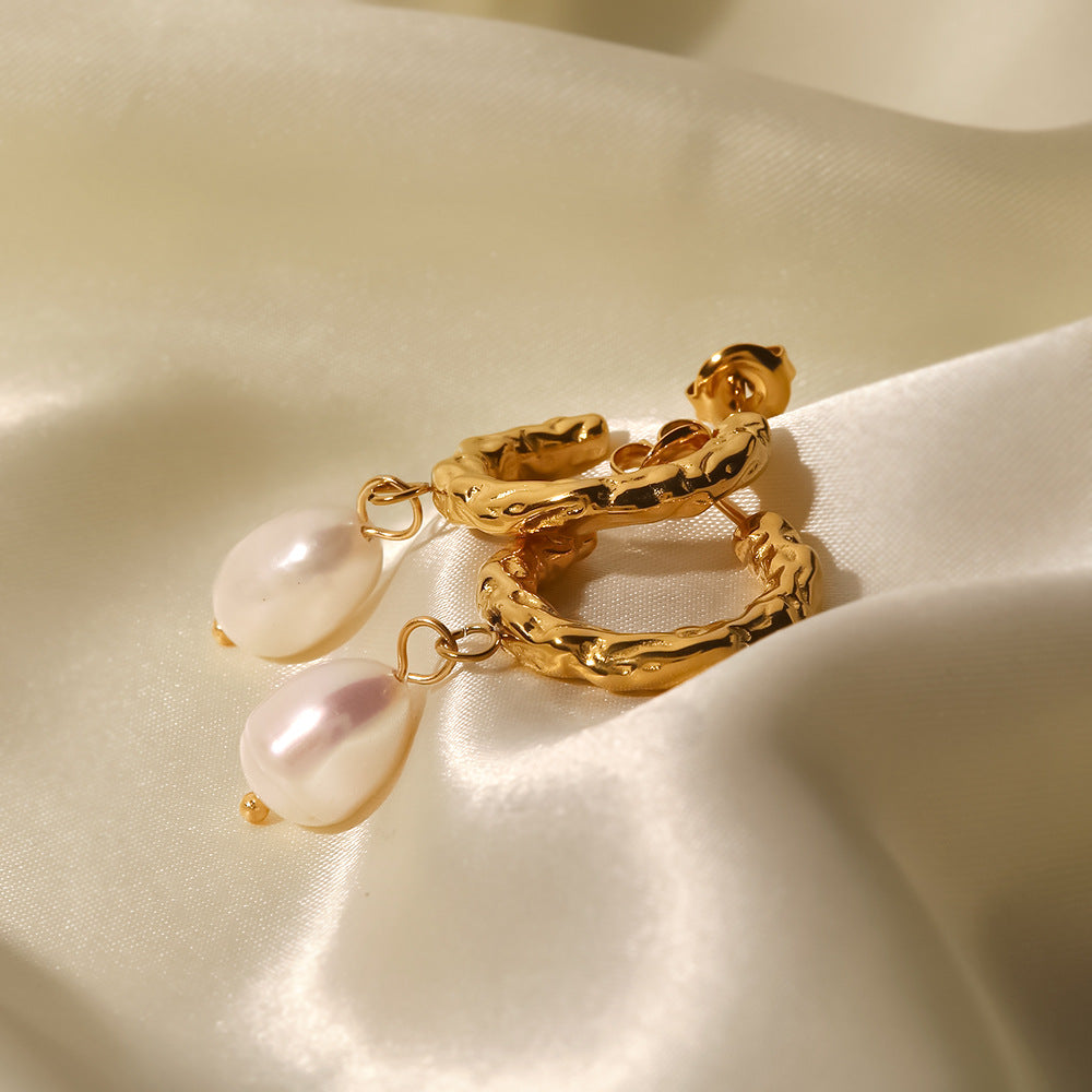 5pcs New Titanium Steel Earrings Stainless Steel 18K Gold Plated Natural White Light Pearl Earrings Women's Jewelry