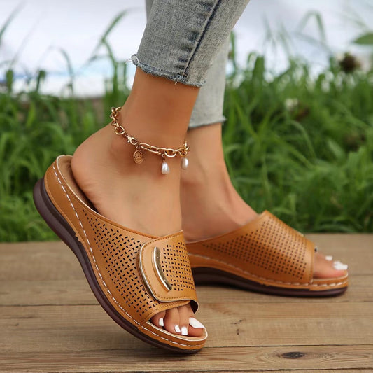 New Casual Round Head Compound Buckle Pu Leather One Line Wedge Slippers Female