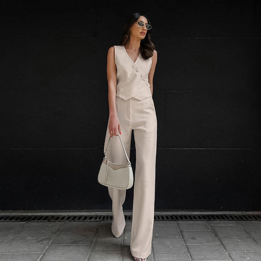 Commuter Apricot Cotton Vest Vest Vest Broadleg Pants Two-Piece Women's Summer Deconstruction Design Sense Suit