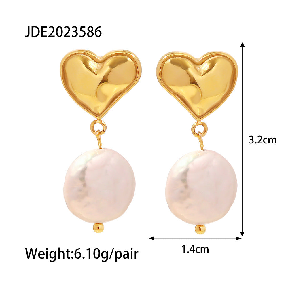 5pcs Style New 18K Gold Plated Vintage Stainless Steel Heart Baroque Pearl Pendant Earrings Earrings