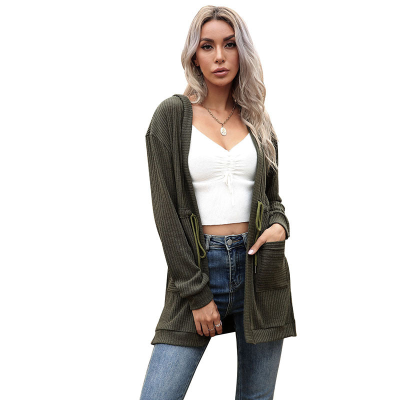 Autumn Solid Color Long Sleeve Cardigan Knit Hooded Sweater Coat Women