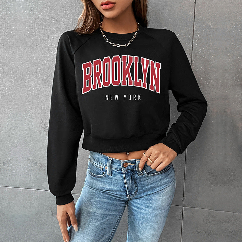 New Autumn Leisure Sports College Wind Top Short Crop Round Neck Letter Hoodie