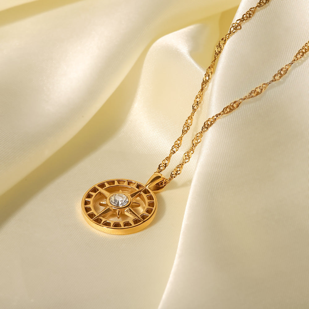 5pcs Vintage Octet Star Titanium Steel Necklace Stainless Plated 18-Karat Gold Inlaid Zircon Hollow Pendant Women's Necklace