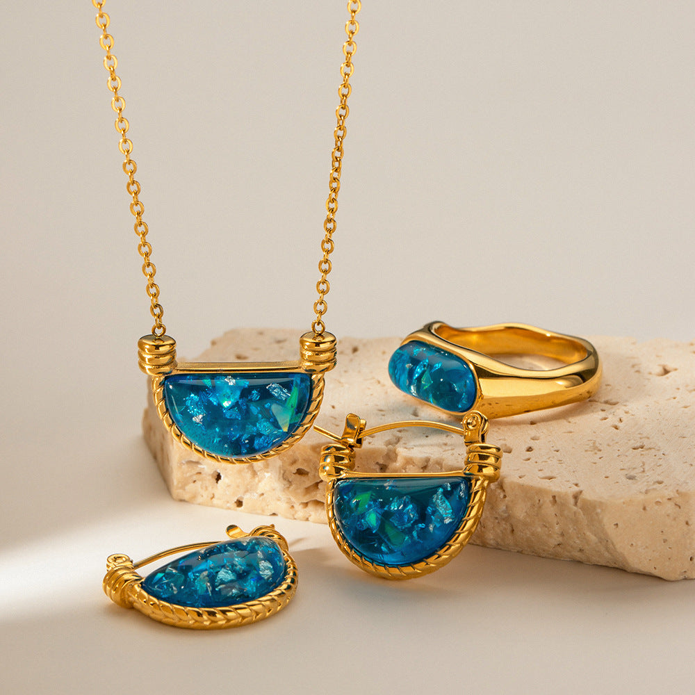 5pcs Stylish Retro Style Natural Blue Resin Fan Basket Pendant Necklace Women's Stainless Steel Jewelry