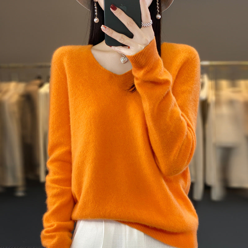 100 Pure Wool Knitwear Women's V-Neck Pullover Loose Base Shirt Autumn And Winter New Solid Color Sweater
