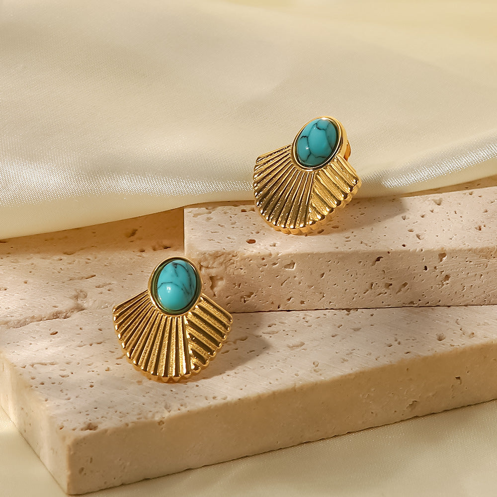 5pcs Vintage Stainless Steel 18K Gold Plated Turquoise Ribbed Scalloped Earrings For Women