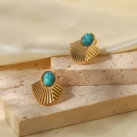 5pcs Vintage Stainless Steel 18K Gold Plated Turquoise Ribbed Scalloped Earrings For Women
