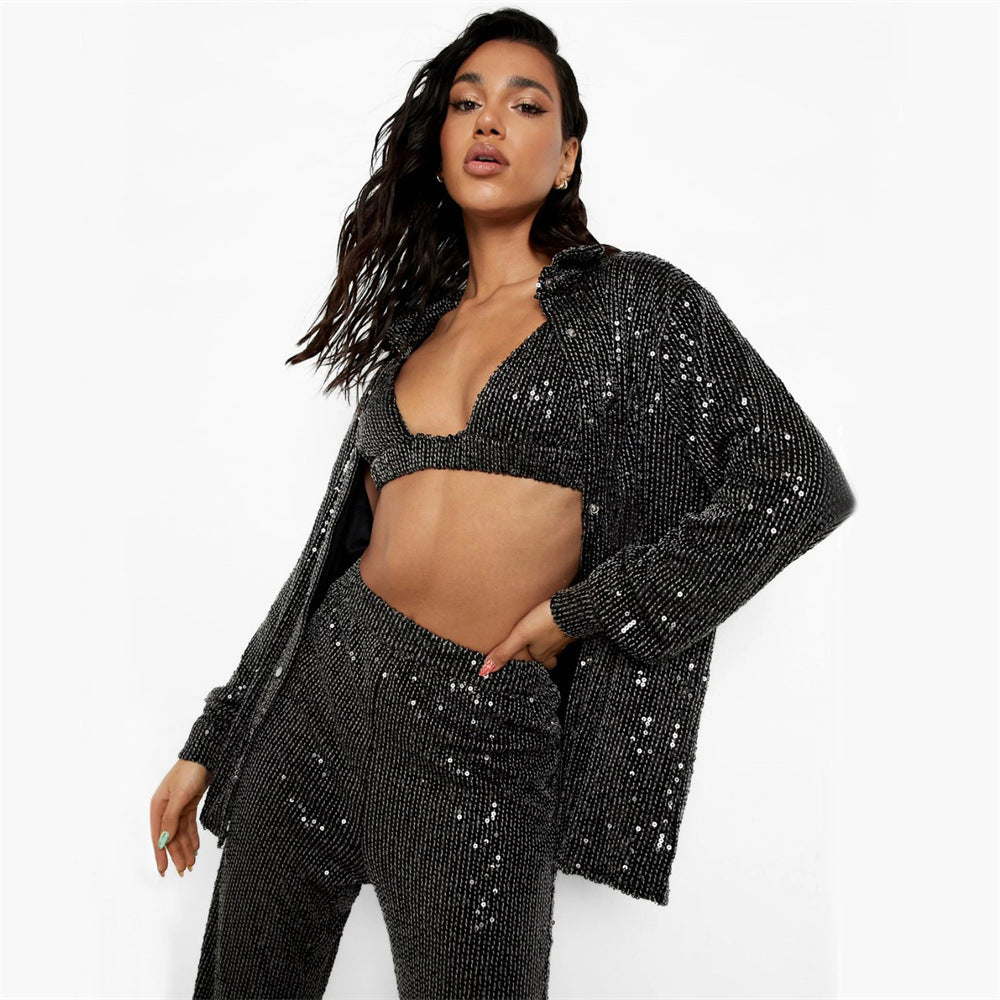Sequin Long-Sleeved Blouse V-Neck Tank Top Straight-Leg Three-Piece Sexy Spring/Summer Y2K Party Set
