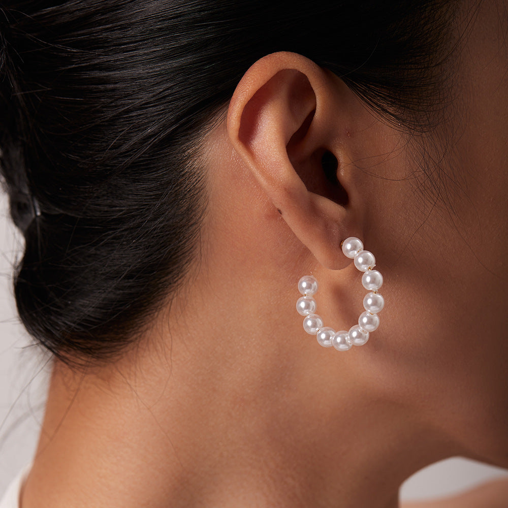 5pcs 18K Gold Stainless Steel Earrings 30Mm Pearl C-Shaped Earrings Fashion Personality Earrings For Women