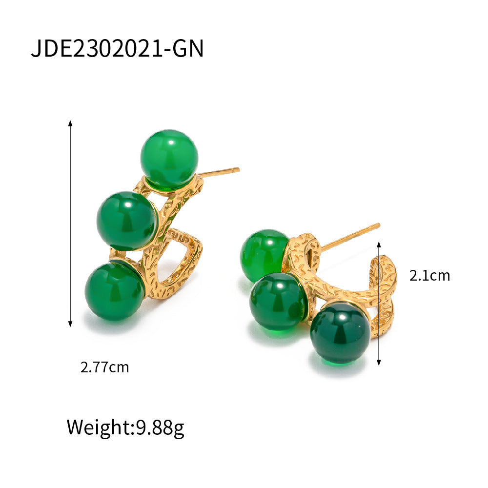 5pcs Classic Stainless Steel Hammer Pattern 18 Gold Inlaid Pearl Earrings Fashion All-In-One Earrings