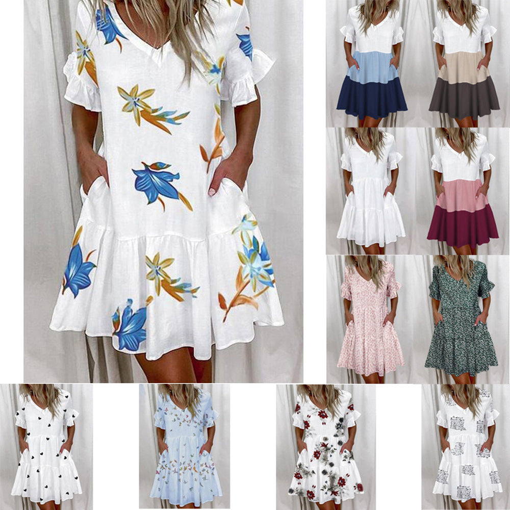Women's Dress New Skirt Fashion Print Ruffled Pocket Short Female Dress A Hair