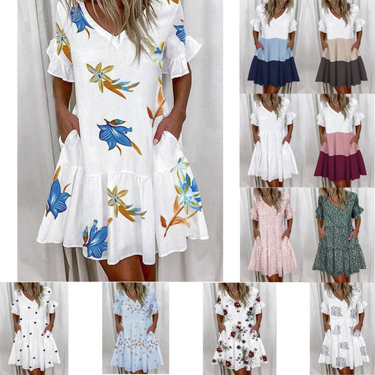 Women's Dress New Skirt Fashion Print Ruffled Pocket Short Female Dress A Hair