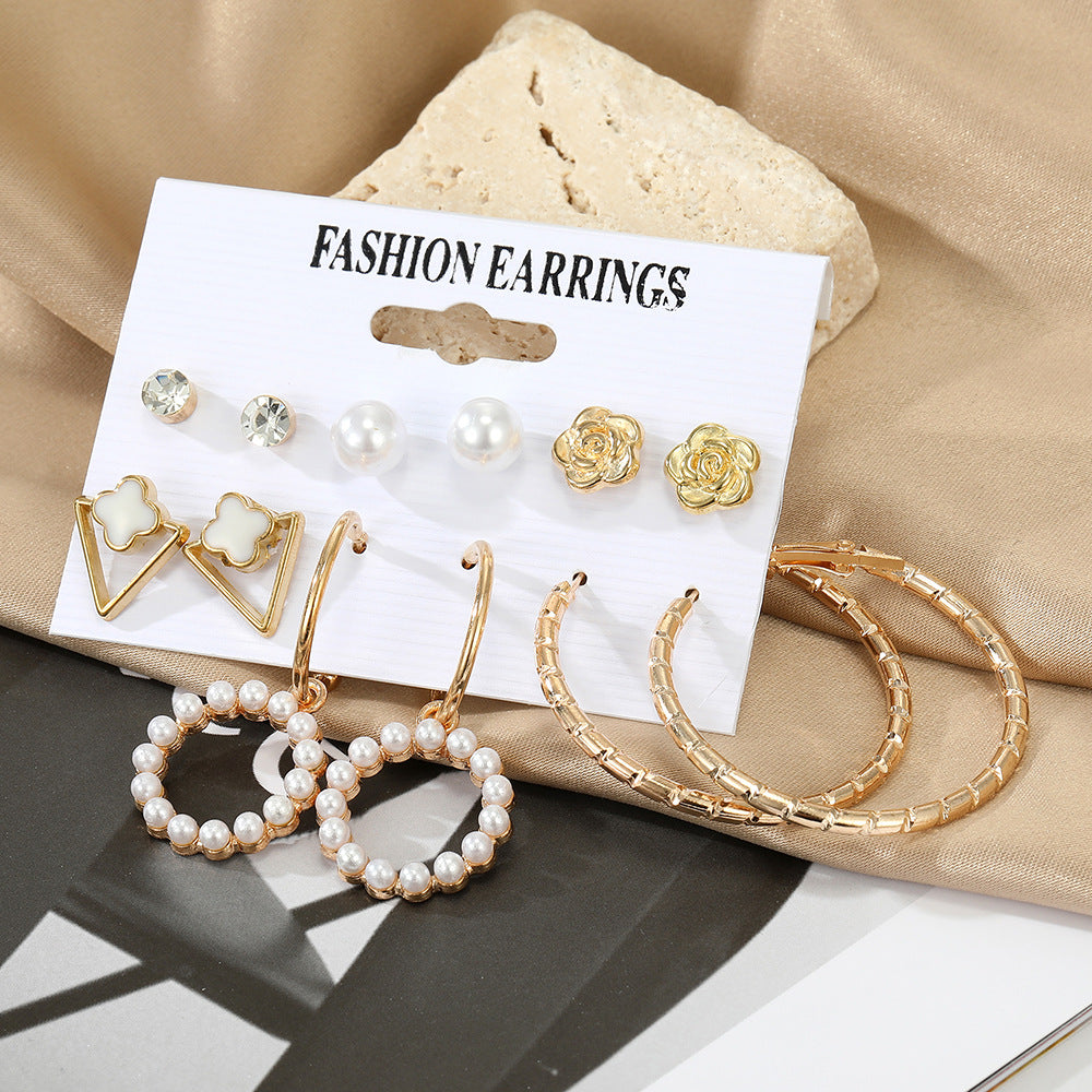 5 Sets New Pearl Earrings Set for Women Retro Metal Geometric C-Shaped 5 pairs Earrings