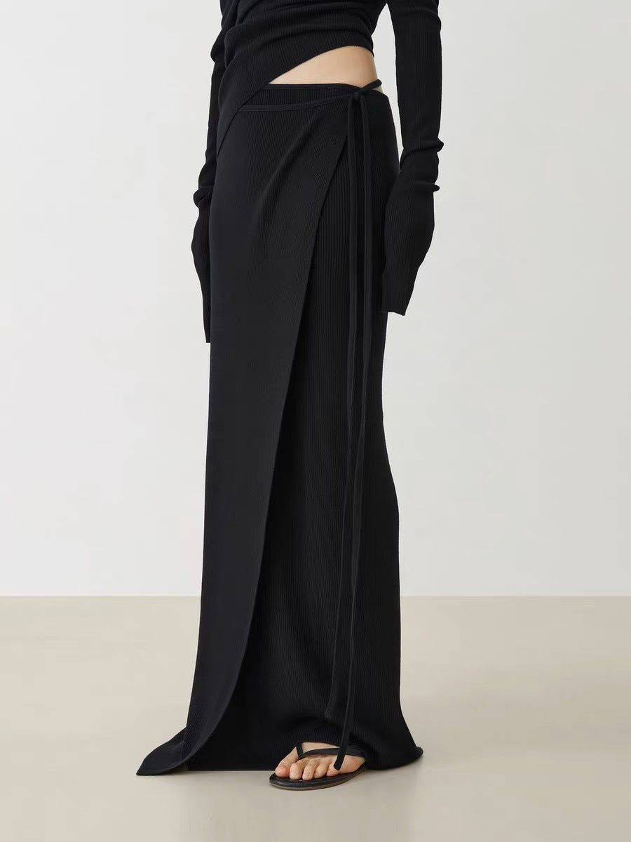 Autumn New Gentle Wind Knit Suit Feminine Black Top Skirt Two-Piece Set