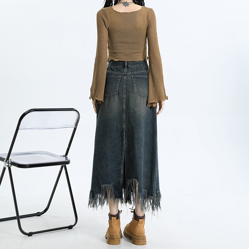 Vintage Fringe Slit High Waist Skirt Women's New Autumn Loose Skinny Long Skirt A Line Wrap Hip Denim Skirt