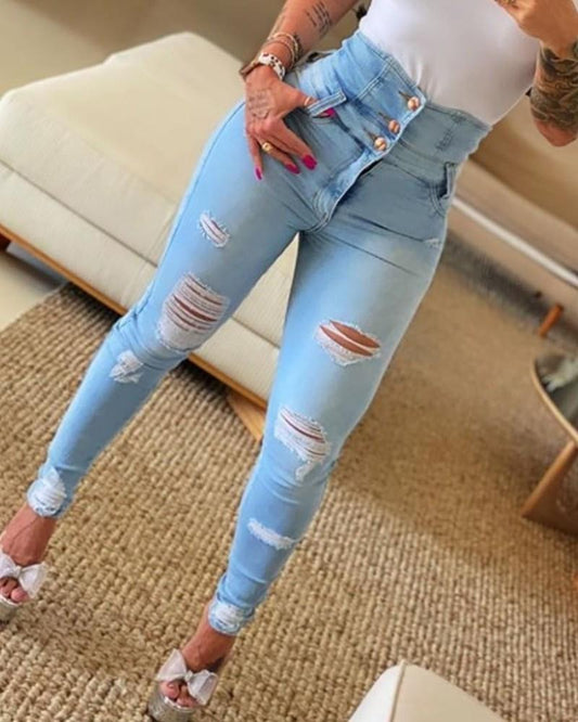 Fall New High-Waisted Skinny Denim Pants For Women With Ripped Feet