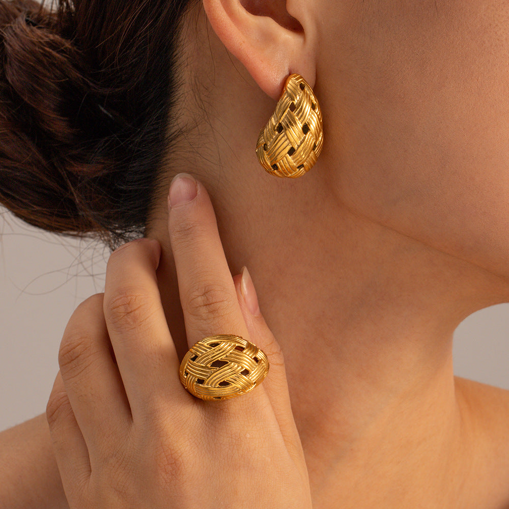 5pcs Women's 18K Gold Stainless Steel Braided Texture Drop Earrings Titanium Steel Gold Earrings