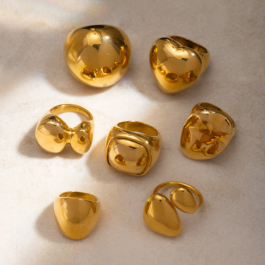 5pcs Cool Trendy Texture 18K Gold Stainless Steel Chubby Oval Ring Simple Ring