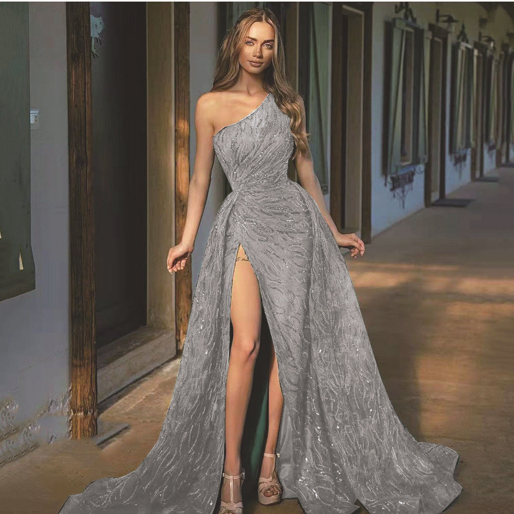 Spring And Summer New Women's Oblique Shoulder Slit Long Dress Toasting Dress Sequin Halter Evening Dress