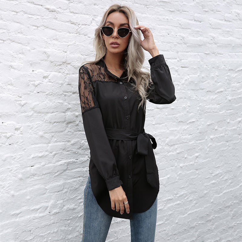 Solid Color Women's Long Round Neck Long Sleeve Waist Black Patchwork Lace Shirt