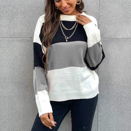 Striped Color Patchwork All-Match Knitwear Pullover Sweater for Women