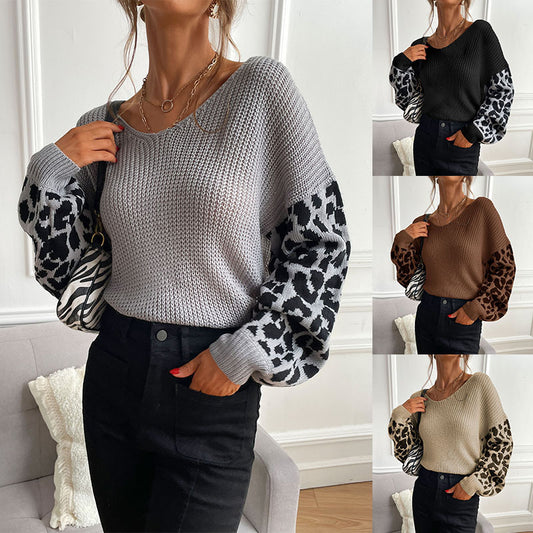 Autumn New Women's Thin Round Neck Knitted Jumper Leopard Print Sweater Woman