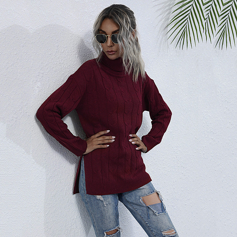 Radiant Red Elegance: Women's Turtleneck Mid-Length Sweater for Autumn