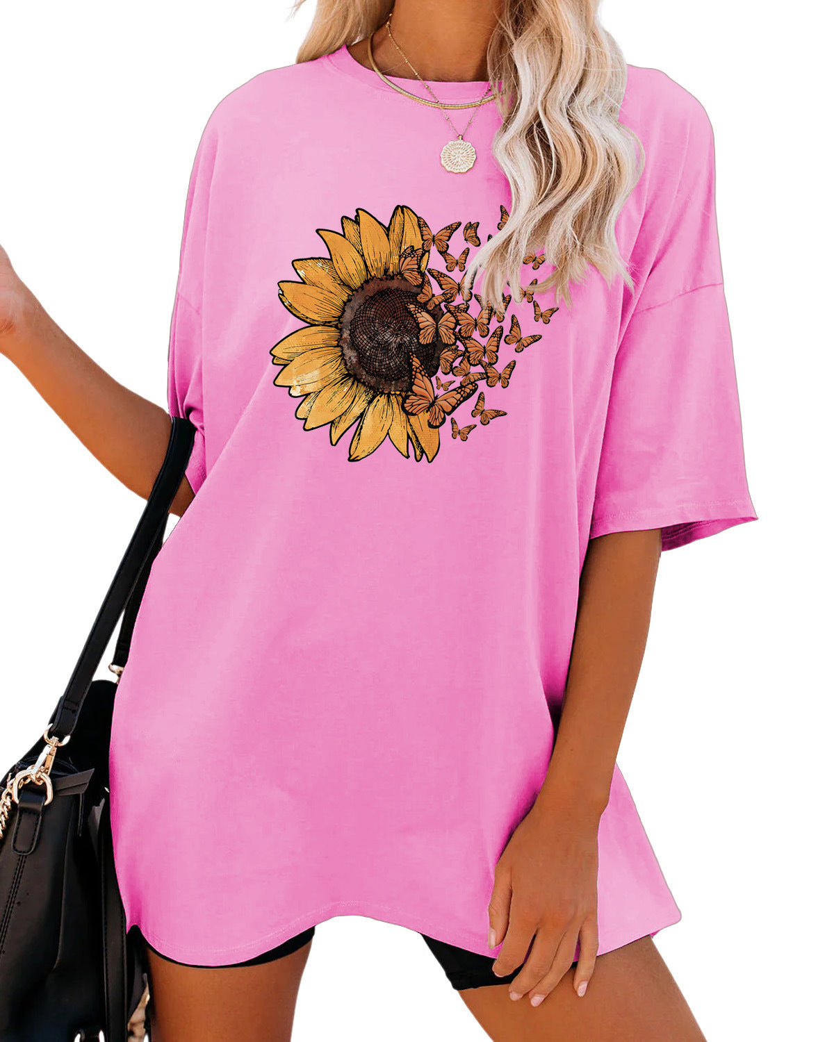 Casual Sunflower Print Loose T-Shirt Women's Round Neck Fashion Short Sleeve Shirt