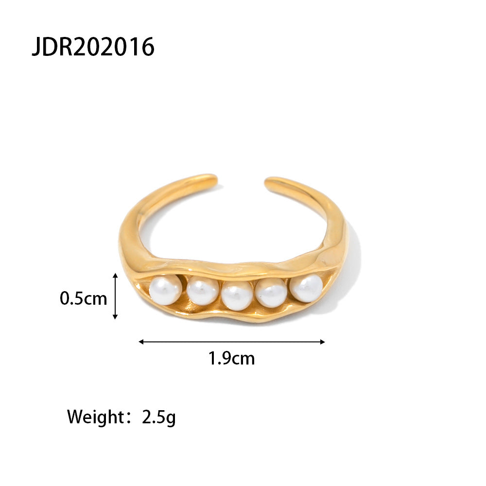 5pcs 18K Gold Plated Stainless Steel Pea Pod Design White Pearl Adjustable Ring For Women Accessories