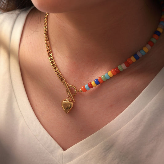 5pcs Colored Ceramic Beaded Mosaic Cuban Chain 18K Gold Ot Buckle Love Pendant Stainless Steel Necklace Collar Female