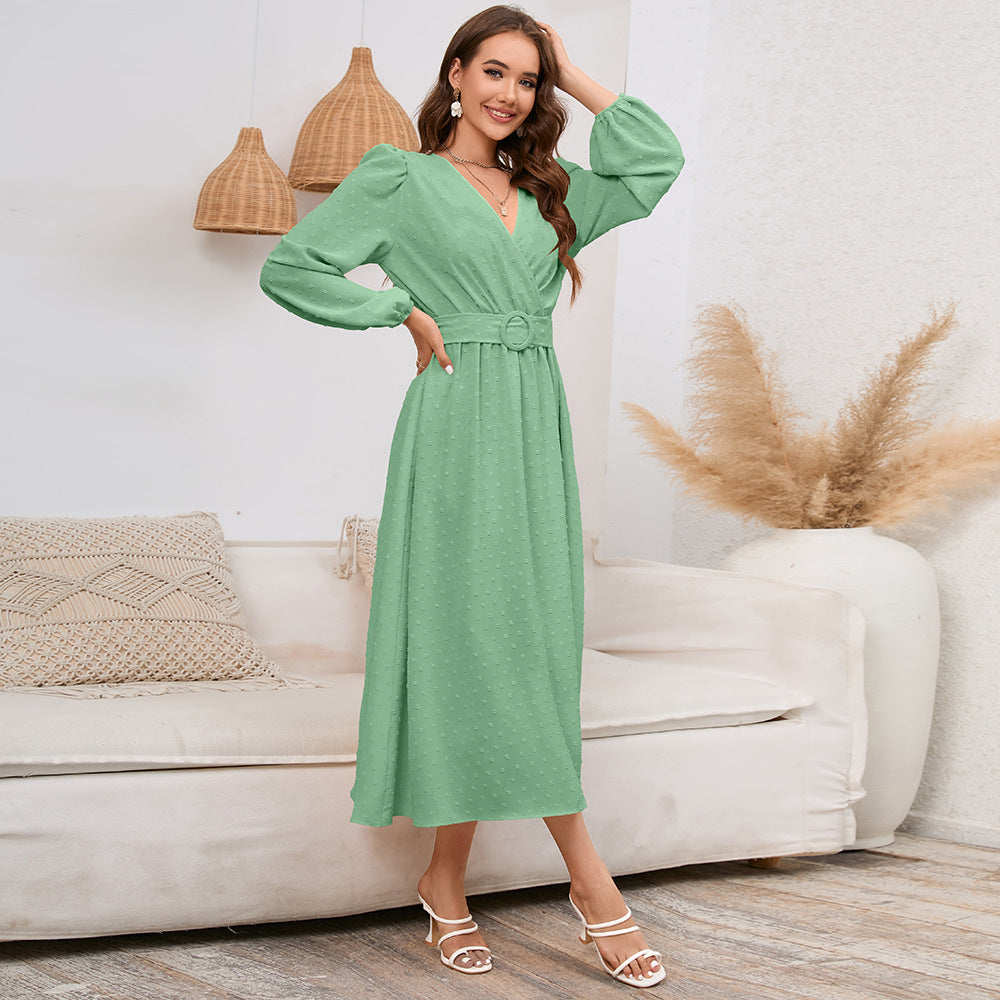Women's Dress V-Neck Long Sleeve Jacquard Dress Autumn And Winter New Burst