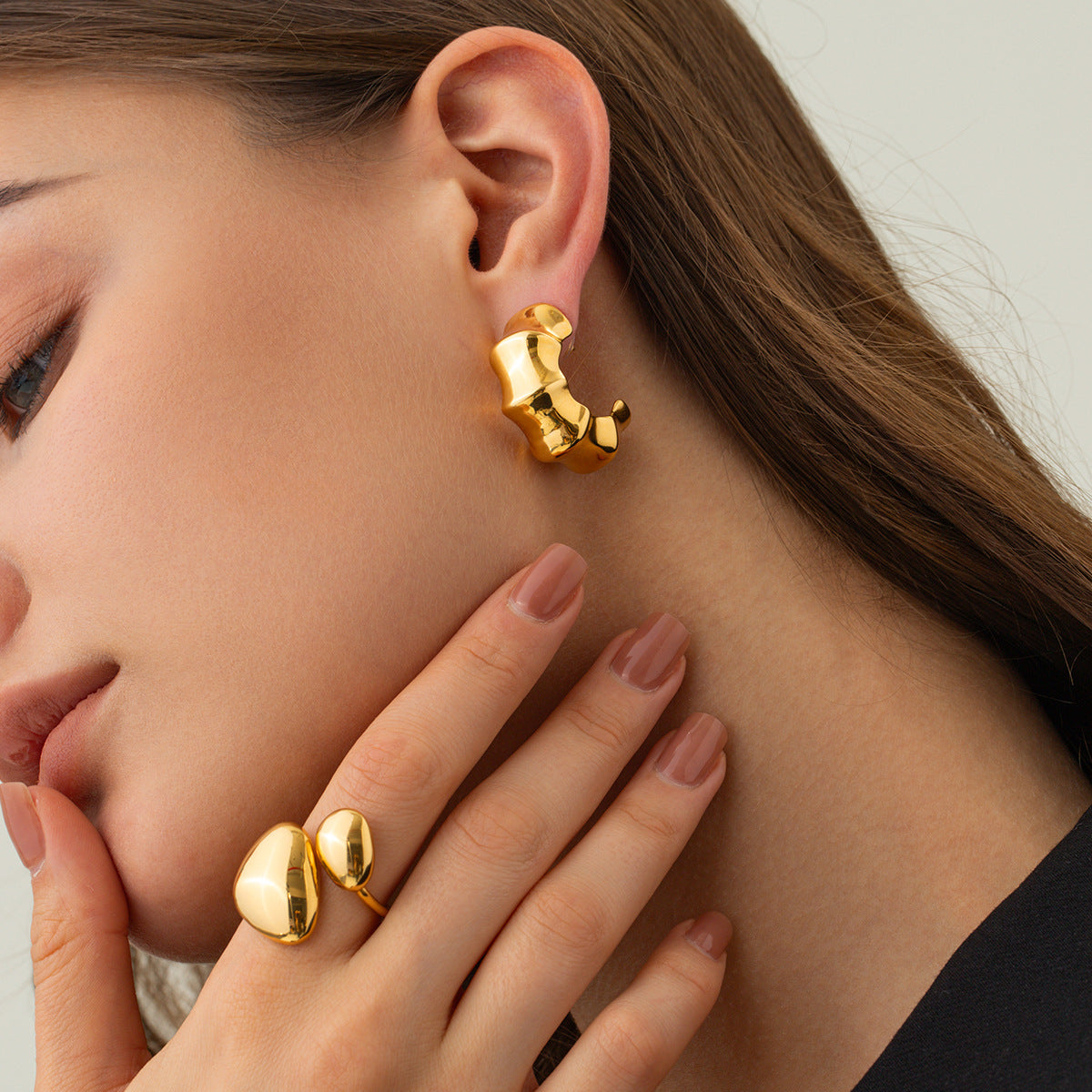 5pcs New 18K Gold Stainless Steel Bamboo Earrings Thick Ring Stainless Steel Earrings Women's Earrings Jewelry