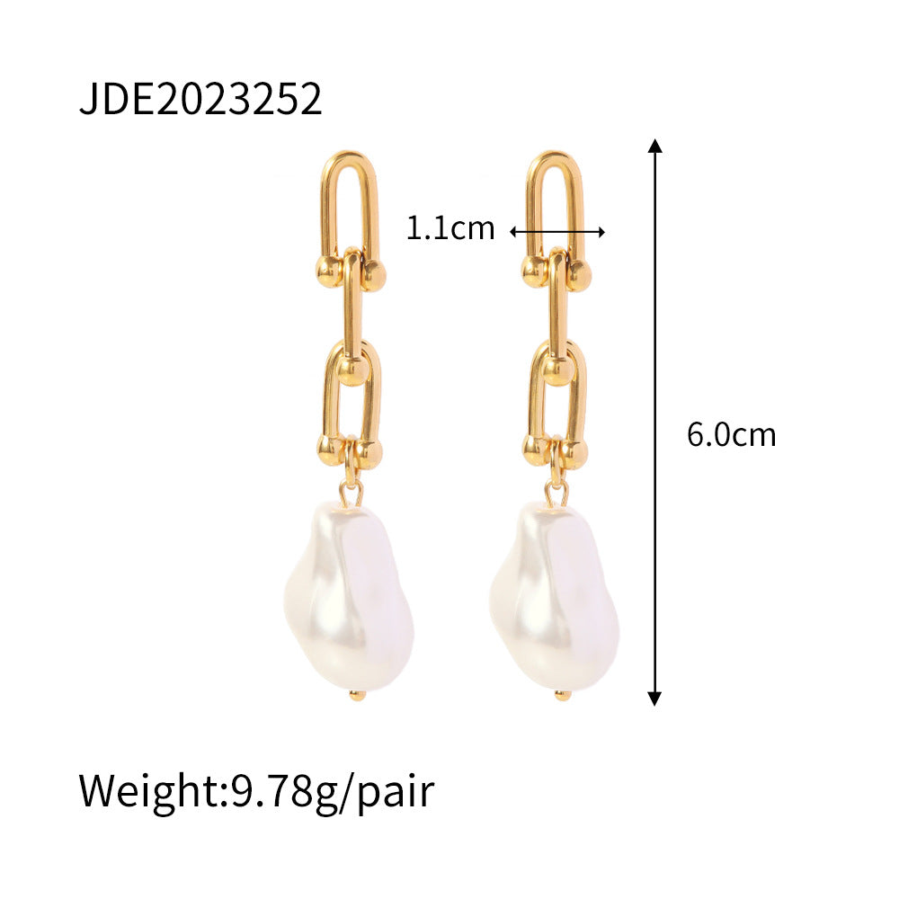 5pcs New 18K Gold Plated Stainless Steel Profiled Imitation Pearl Pendant Earrings Anti-Allergy Temperament Chain Earrings