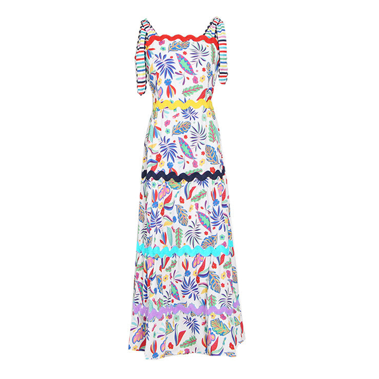 Spring New Fashion Temperament Printed Halter High Waist Slimming Big Swing Long Sexy Dress Female