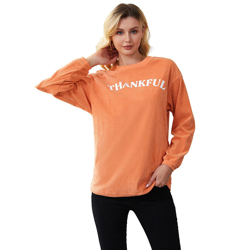 Letter-Printed Simple Hoodless Pullover Round Neck Hoodie Woman Solid Color Long Sleeve Undershirt Woman